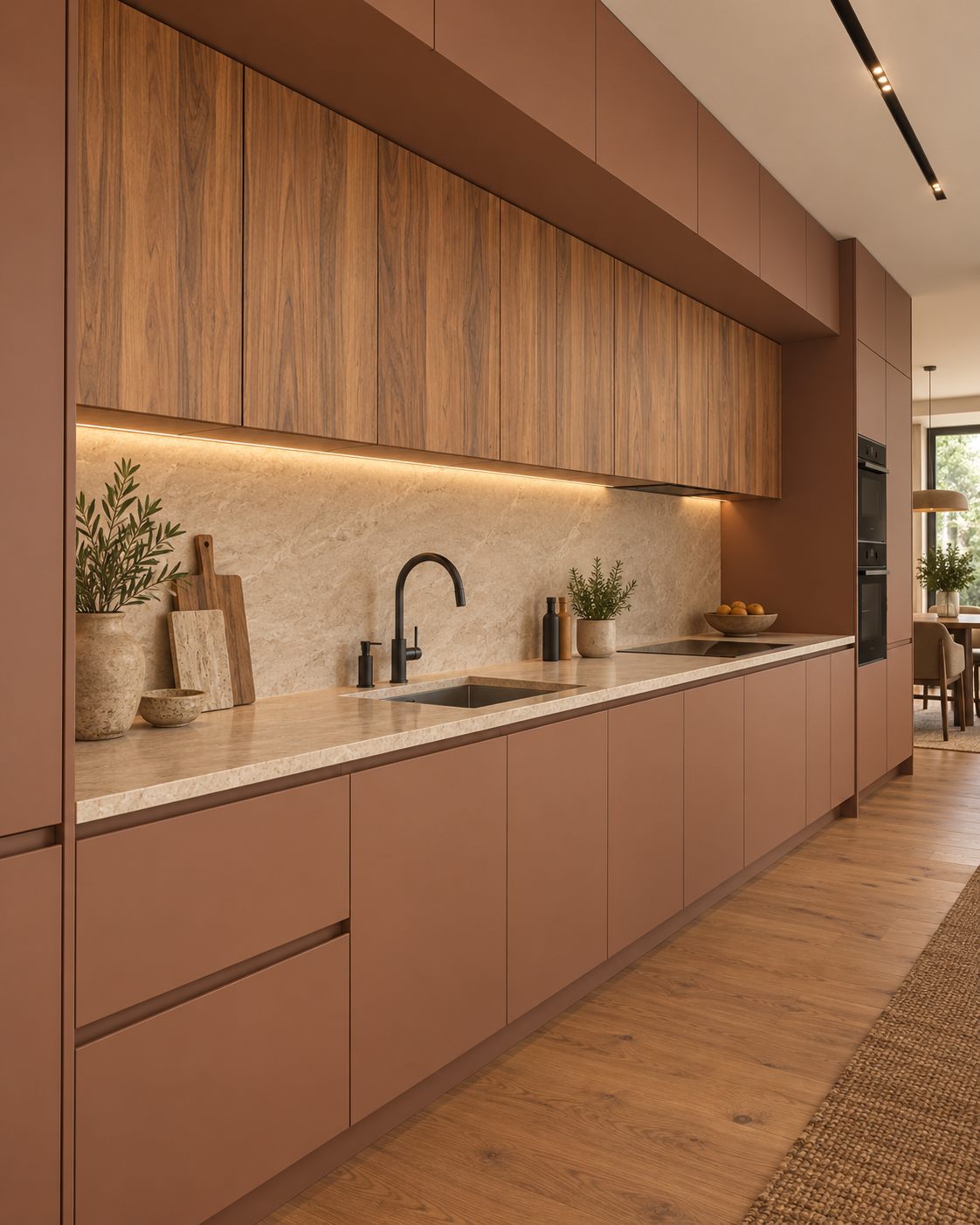 Cocina lineal en terracota con alacenas de madera y mesada clara