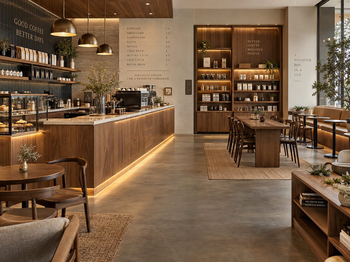 Cafetería de especialidad con barra iluminada y góndola de café