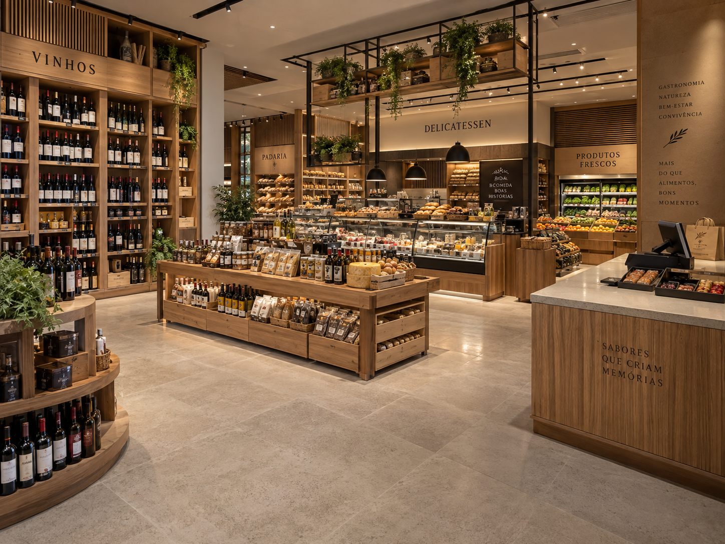 Mercado gourmet con vinoteca, isla de exhibición y mostrador de fiambres