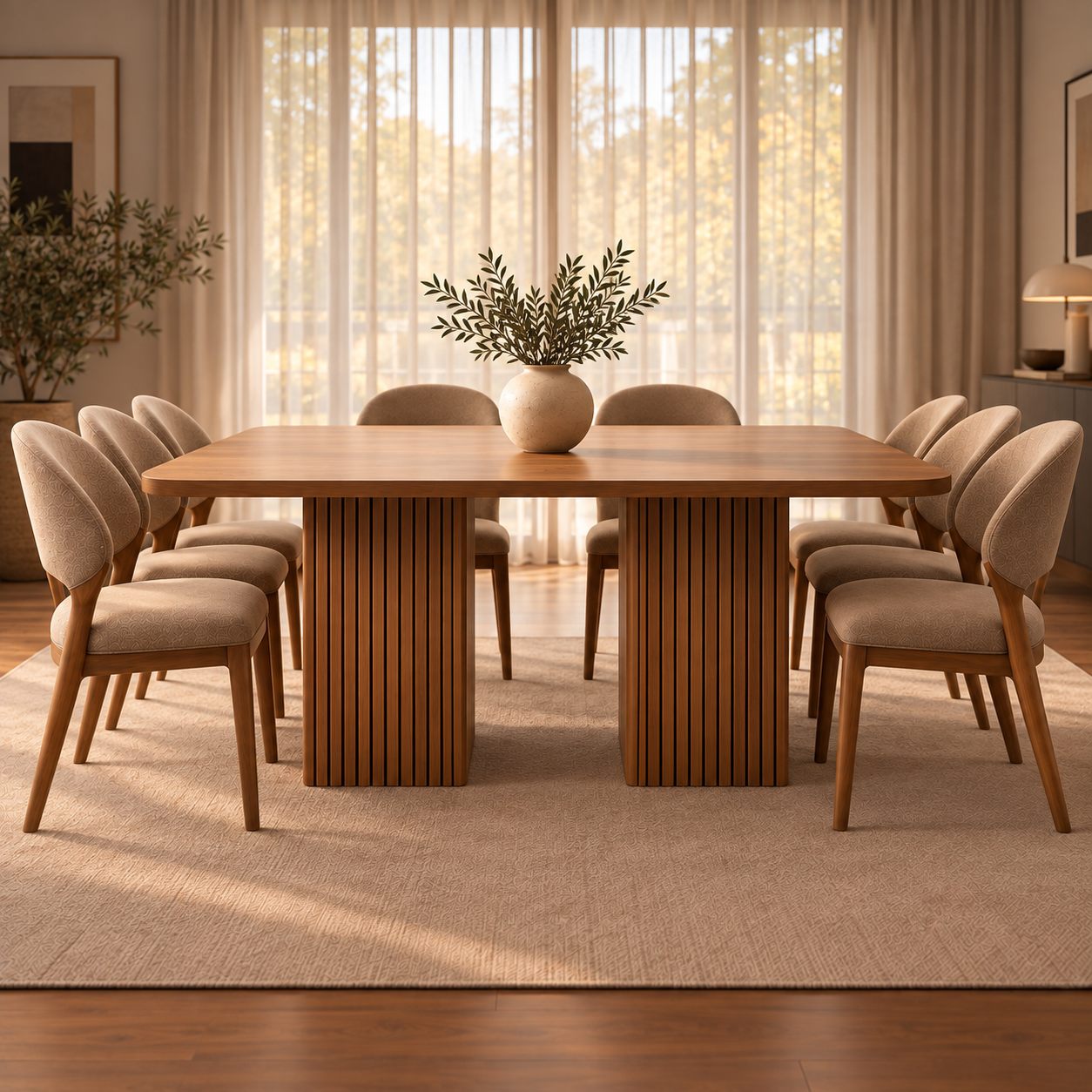 Mesa de comedor Terra en paraíso con pedestales listonados