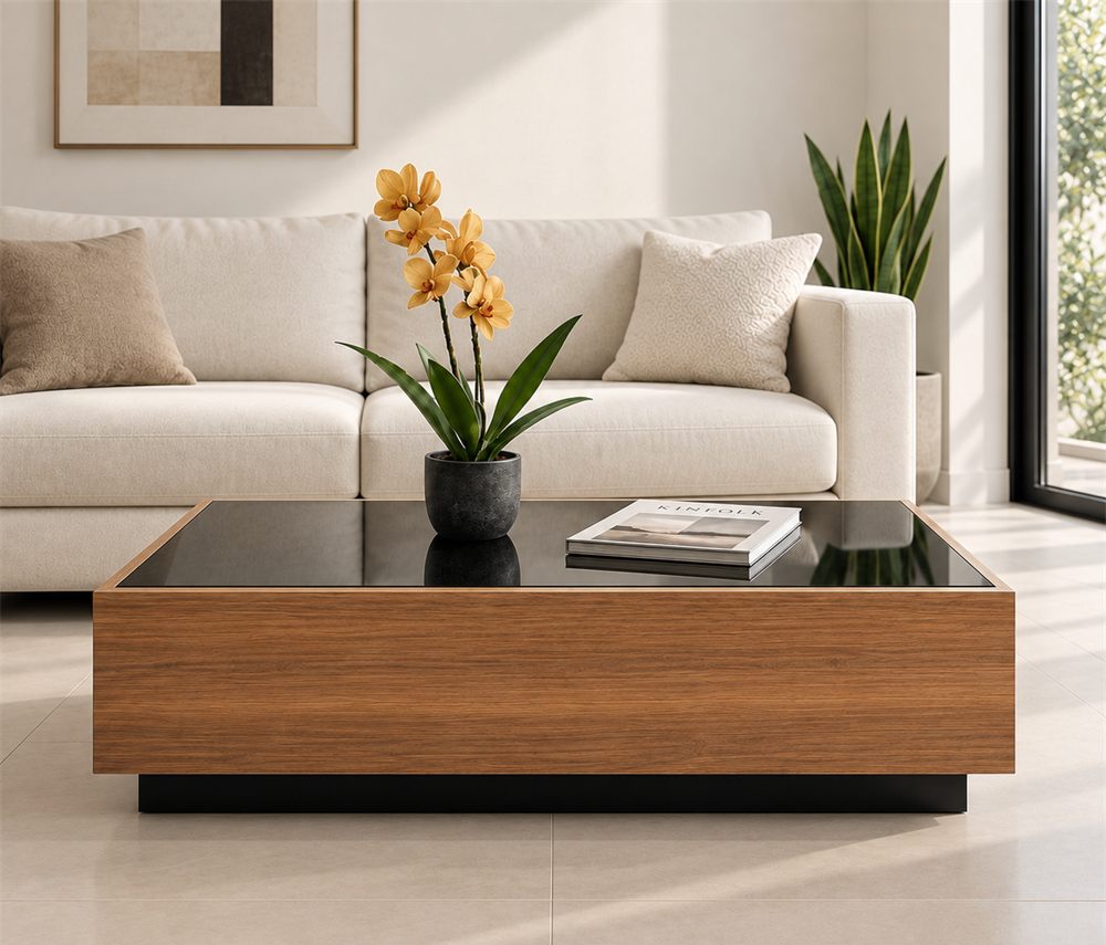 Mesa ratona Nexo en paraíso con tapa de vidrio negro