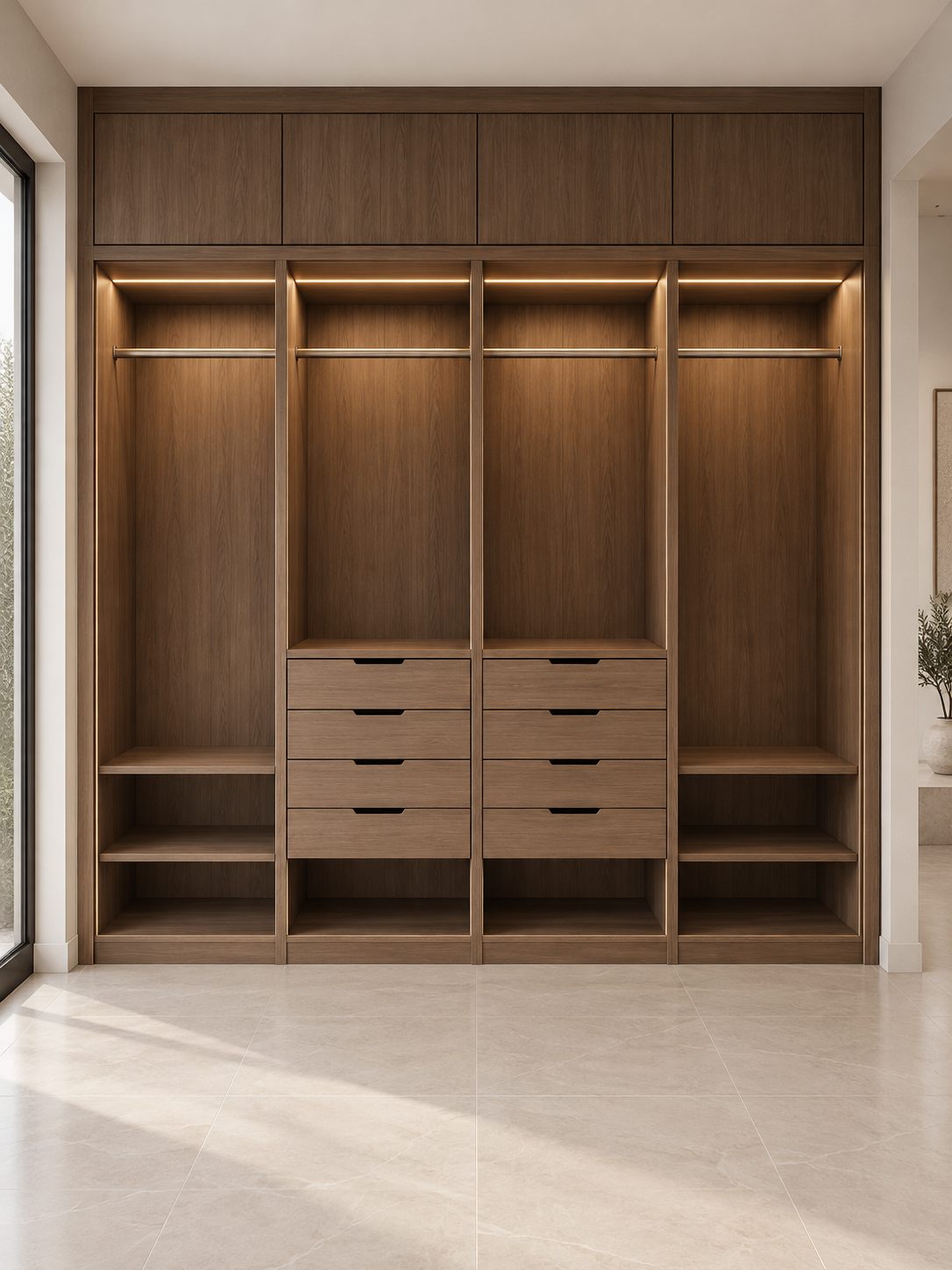 Vestidor moderno de madera con estantes iluminados
